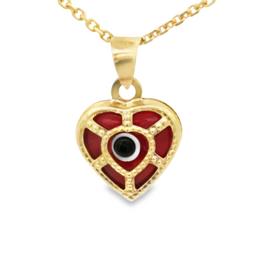 PENDANT 14K EVIL EYE HEART RED MILIGRAIN