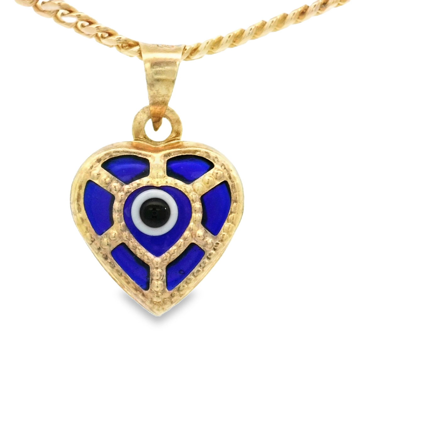 PENDANT 14K EVIL EYE HEART BLUE MILIGRAIN