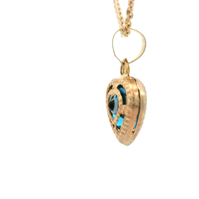 PENDANT 14K EVIL EYE HEART BLUE MILIGRAIN