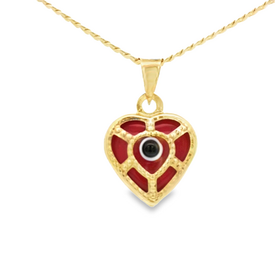 PENDANT 14K EVIL EYE HEART RED MILIGRAIN