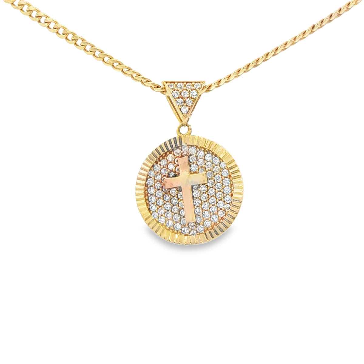 PENDANT 14K 2.3G MEDALLION CZ CROSS ROUND MEDALLIO