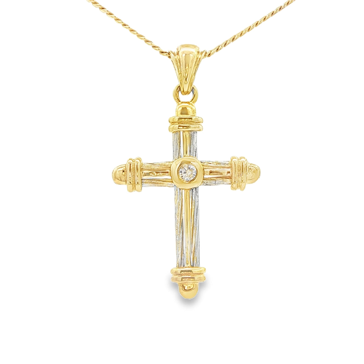 14 KARAT PENDANT NATURAL DIAMOND CROSS TWO TONE