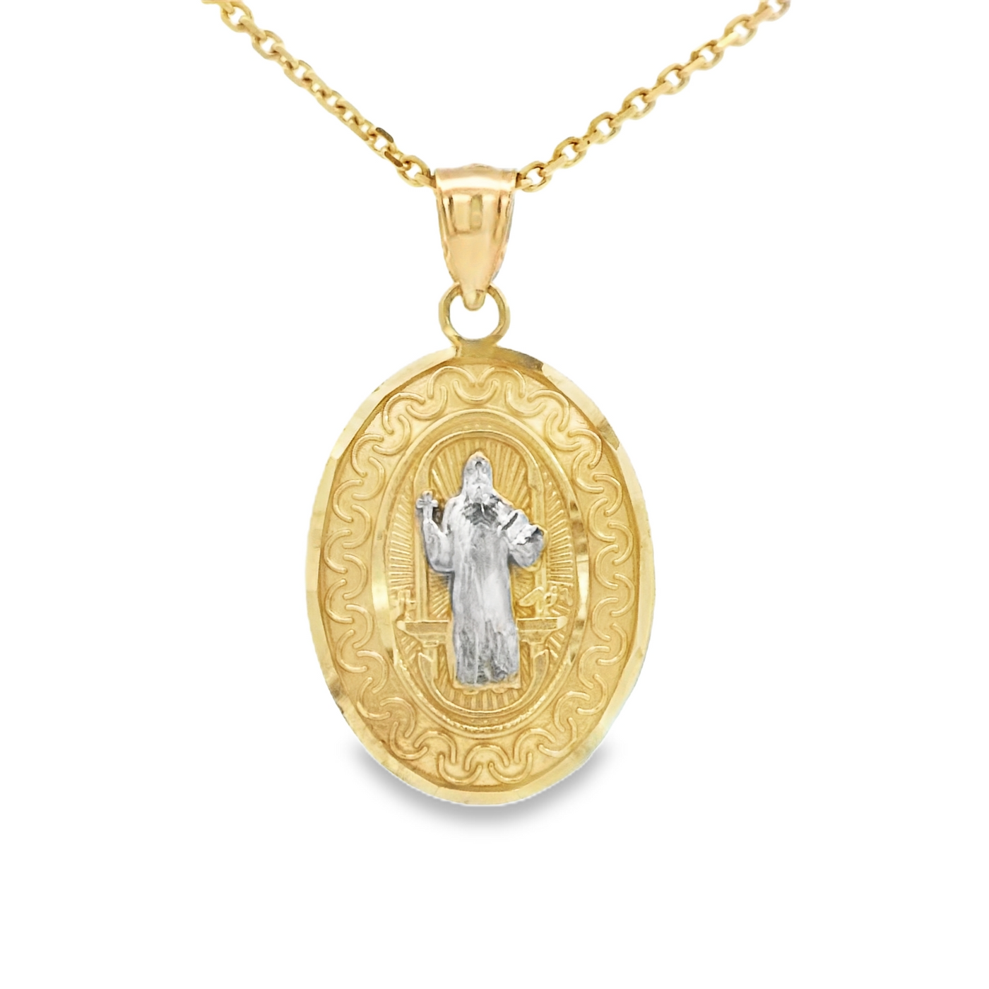 PENDANT 14K SAINT ST BENEDICT FILIGREE BORDER OVAL