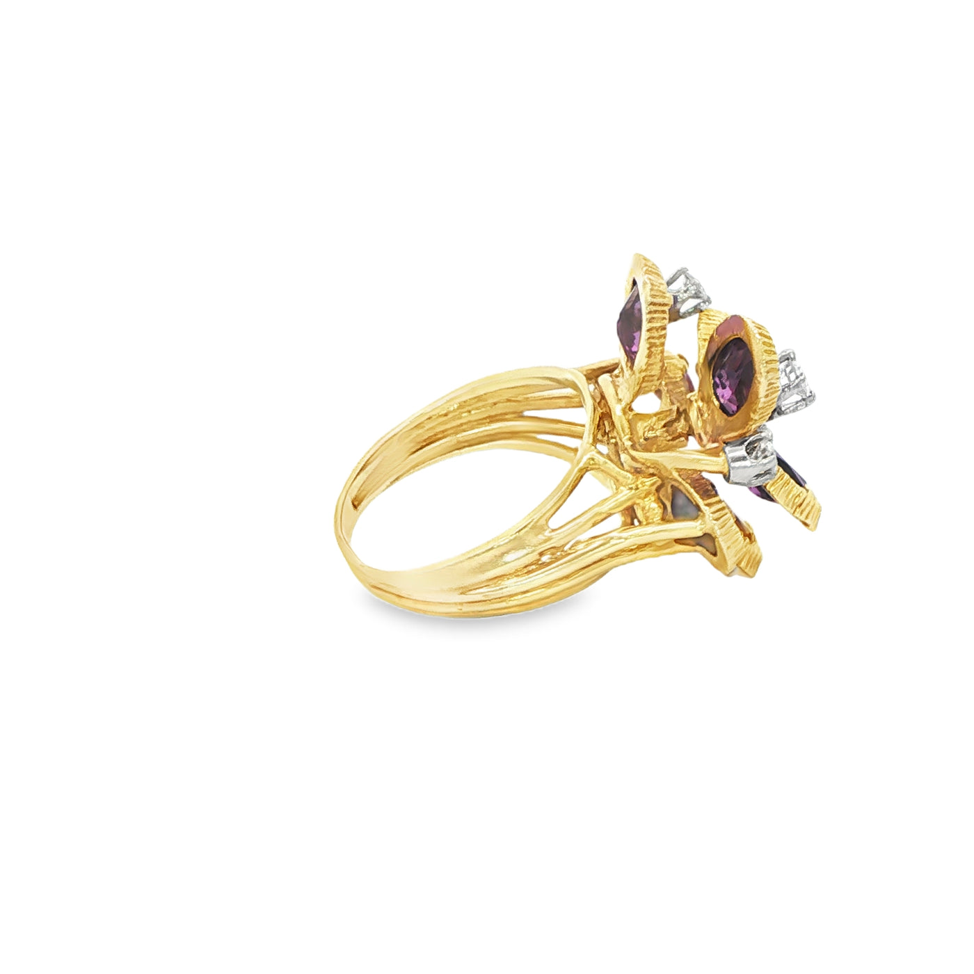 14 KARAT FASHION RING: NATURAL AMATHYST DIAMOND FLOWER