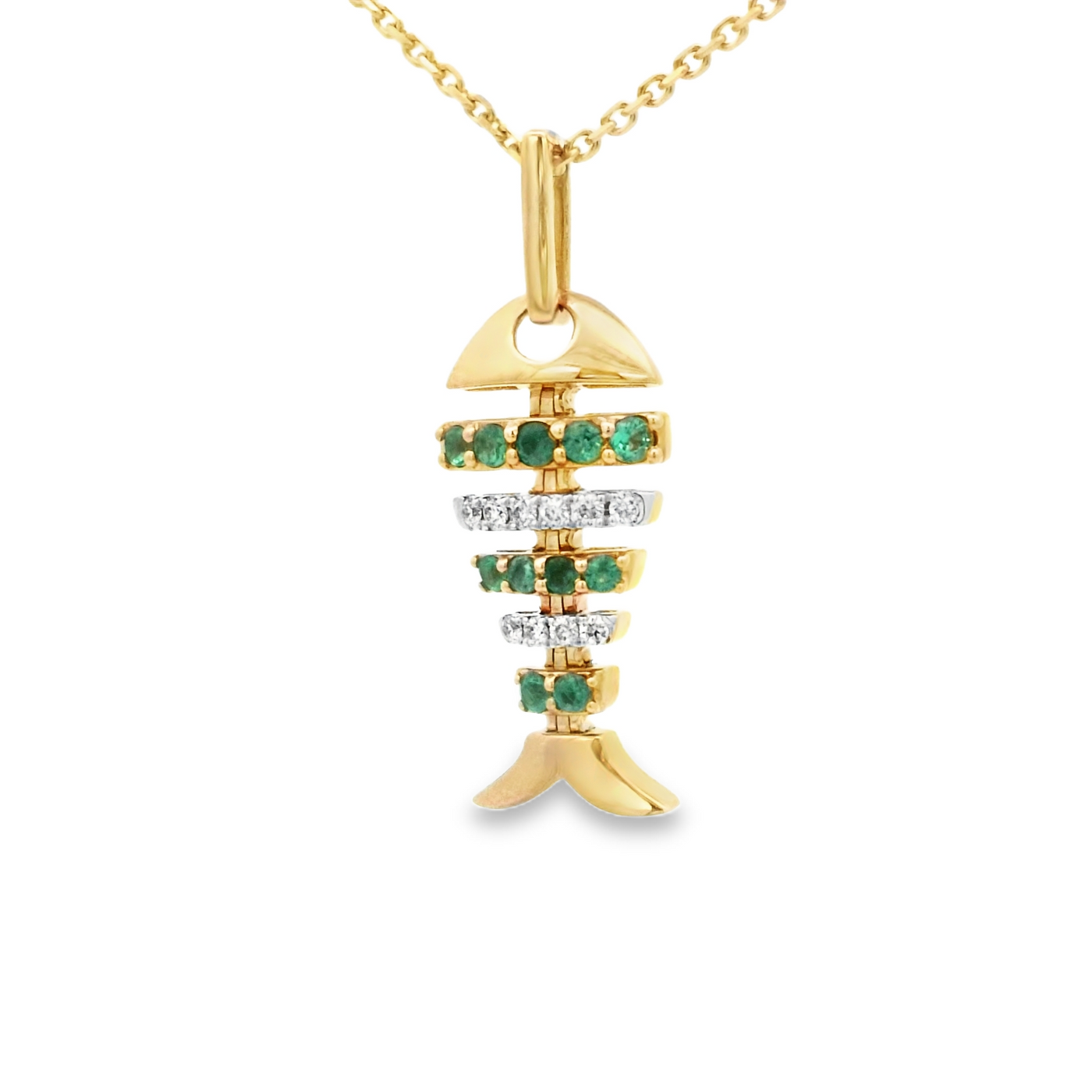 14K PENDENT  2.8 DIAMOND/EMERALD D0.10 EM0.25 FISH