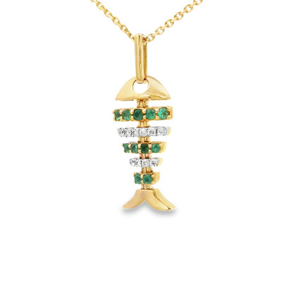 14K PENDENT  2.8 DIAMOND/EMERALD D0.10 EM0.25 FISH