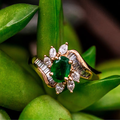 14K Yellow Gold Floral emerald ring