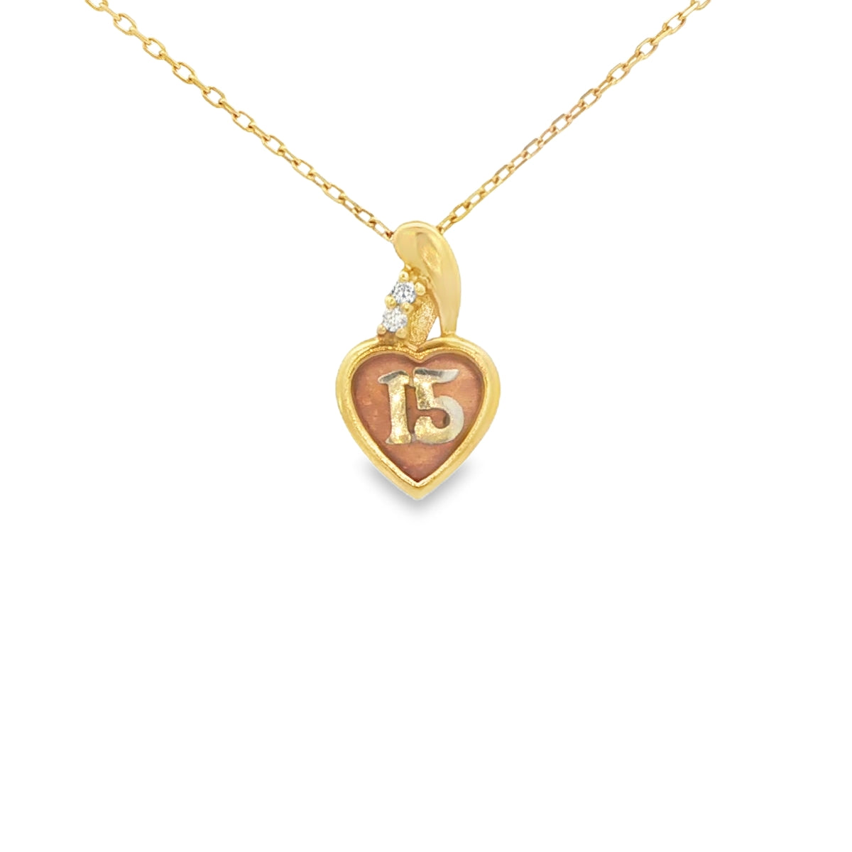 14K QUINCEANERA 15 THREE TONE PENDANT HEART CZ