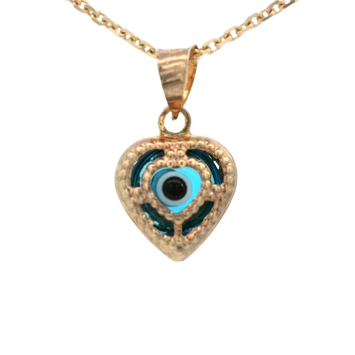PENDANT 14K EVIL EYE HEART BLUE MILIGRAIN
