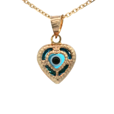 PENDANT 14K EVIL EYE HEART BLUE MILIGRAIN