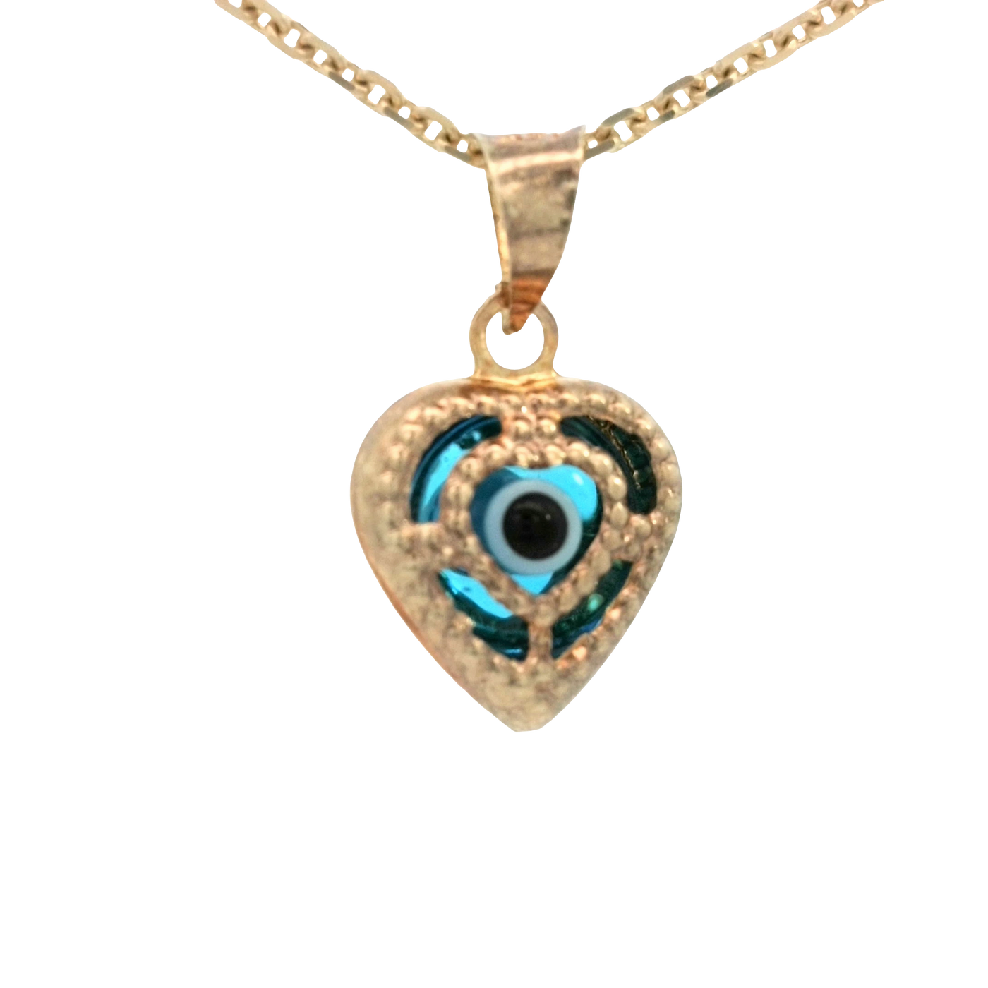PENDANT 14K EVIL EYE HEART BLUE MILIGRAIN