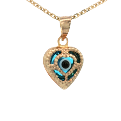PENDANT 14K EVIL EYE HEART BLUE MILIGRAIN
