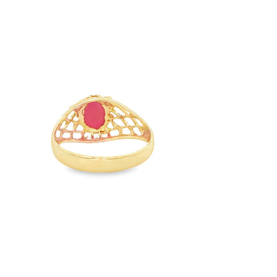 14 KARAT RING SIZE 7 WEIGHT: 2.3G : RED OVAL CENTE