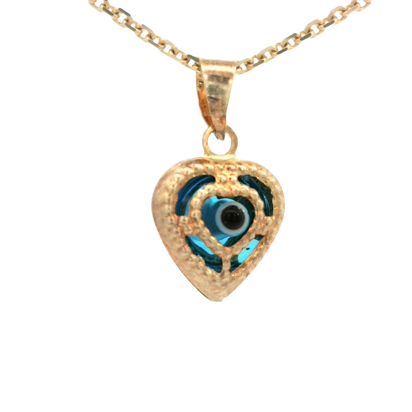 PENDANT 14K EVIL EYE HEART BLUE MILIGRAIN