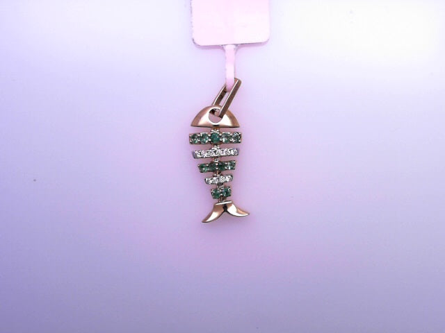 14K PENDENT  2.8 DIAMOND/EMERALD D0.10 EM0.25 FISH