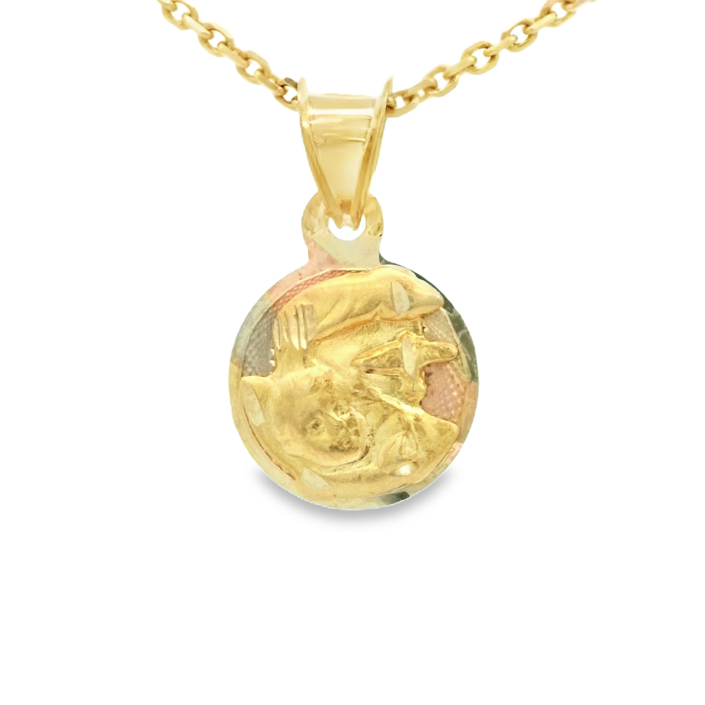 14 KARAT CHARM 
TRI COLOR BAPTISM SMALL ROUND PENDANT
