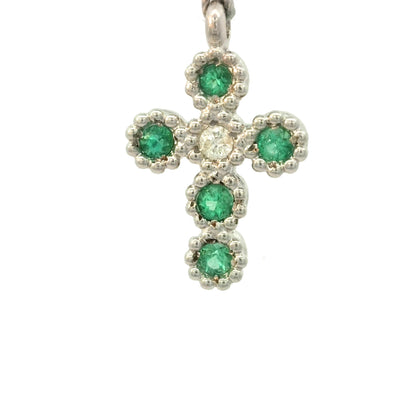 18K White Gold Cross Pendant - Natural Emeralds