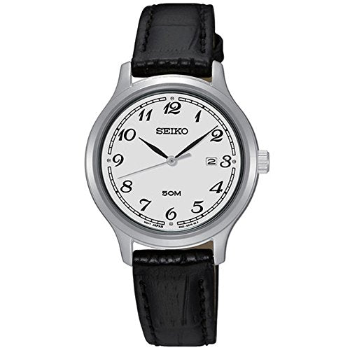 Seiko Silver Dial Black Leather Ladies Watch SUR775